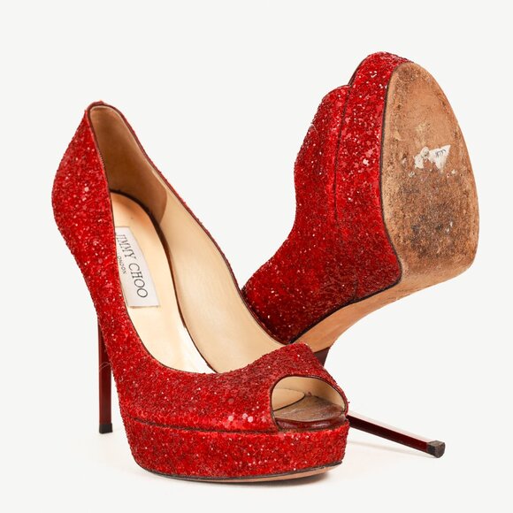 Jimmy Choo Crown Red Coarse Glitter Platform Pumps - Picture 4 of 9